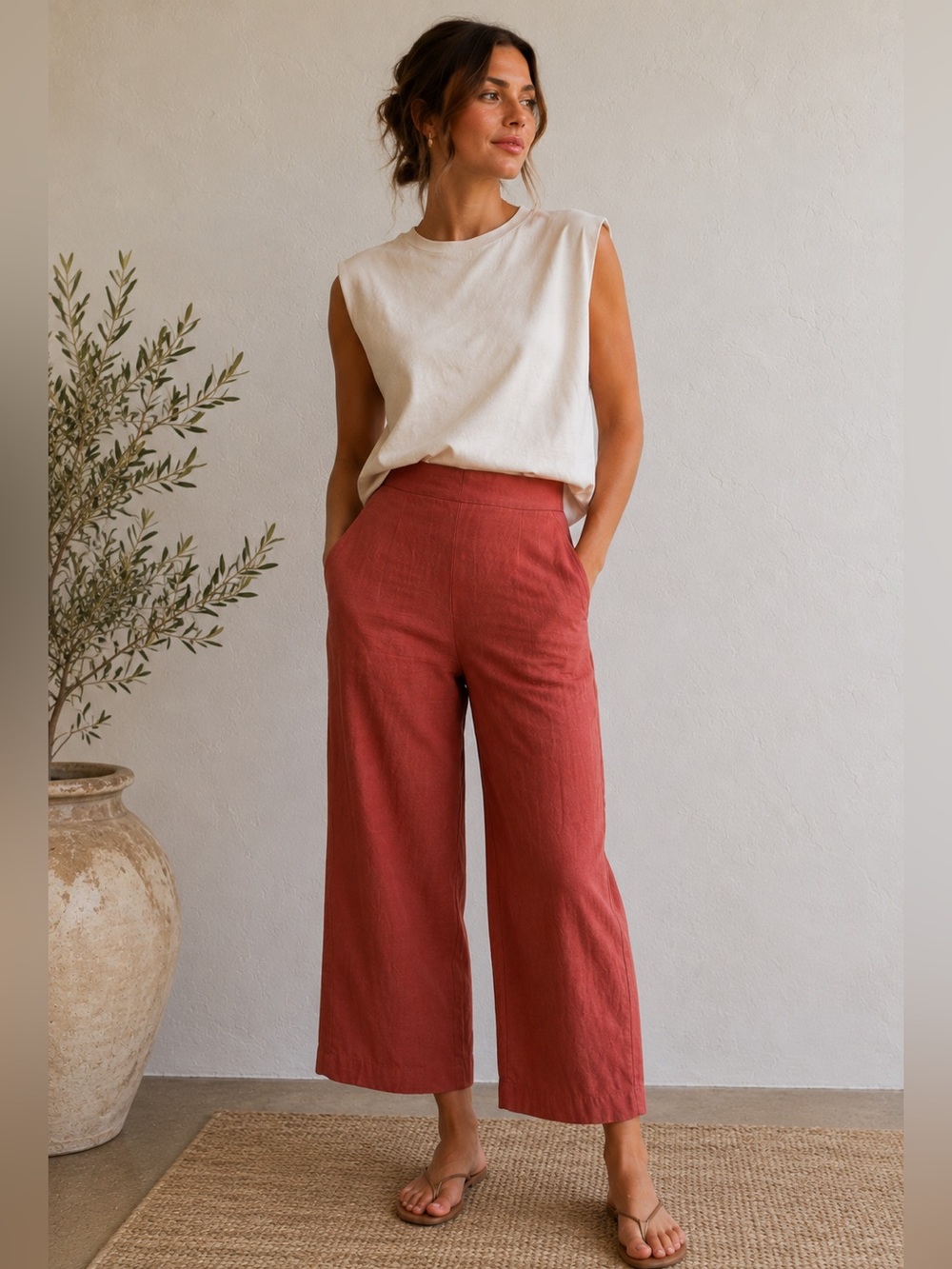 High-Rise linen Wide-Leg Crop Pants in Rust
